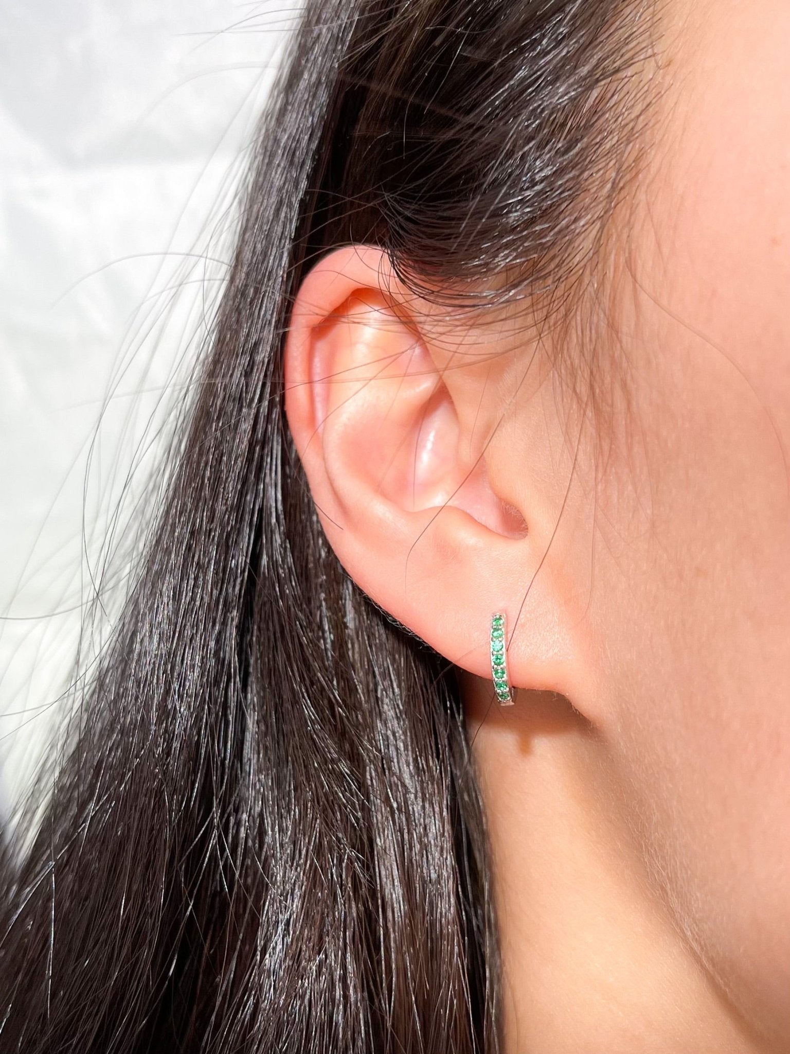 Green Gems Sterling Huggies in Silver - Flaire & Co.