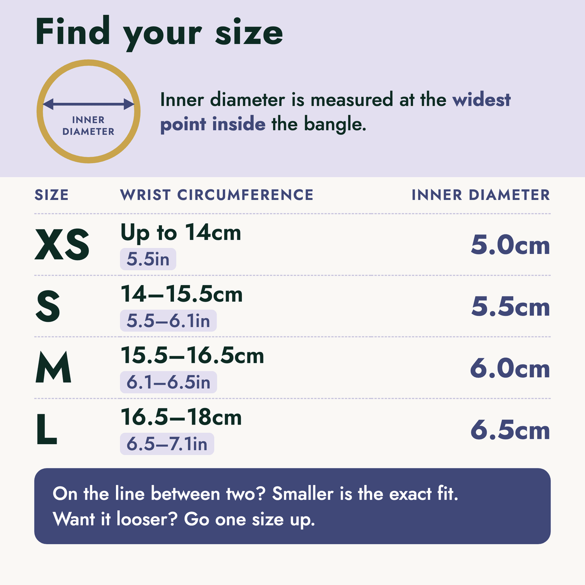 Bangle size chart: find your size by wrist circumference (XS up to 14cm, S 14–15.5cm, M 15.5–16.5cm, L 16.5–18cm) with inner diameters of 5.0 to 6.5cm