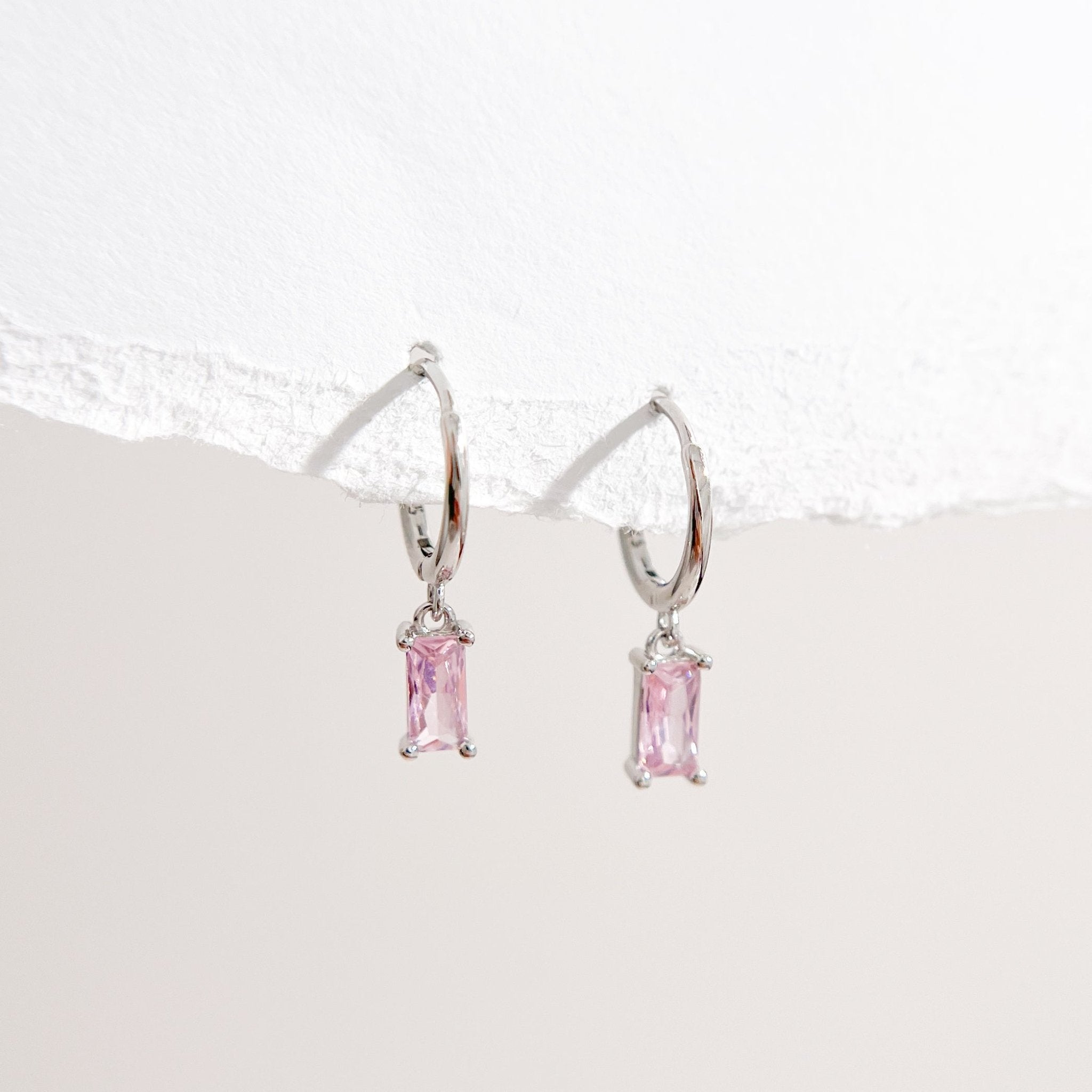 Pink Rectangle Huggies in Silver - Flaire & Co.