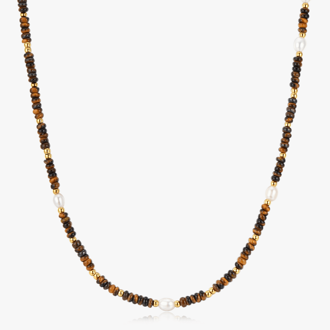 Tiger Eye Beads + Pearls Necklace - Flaire & Co.