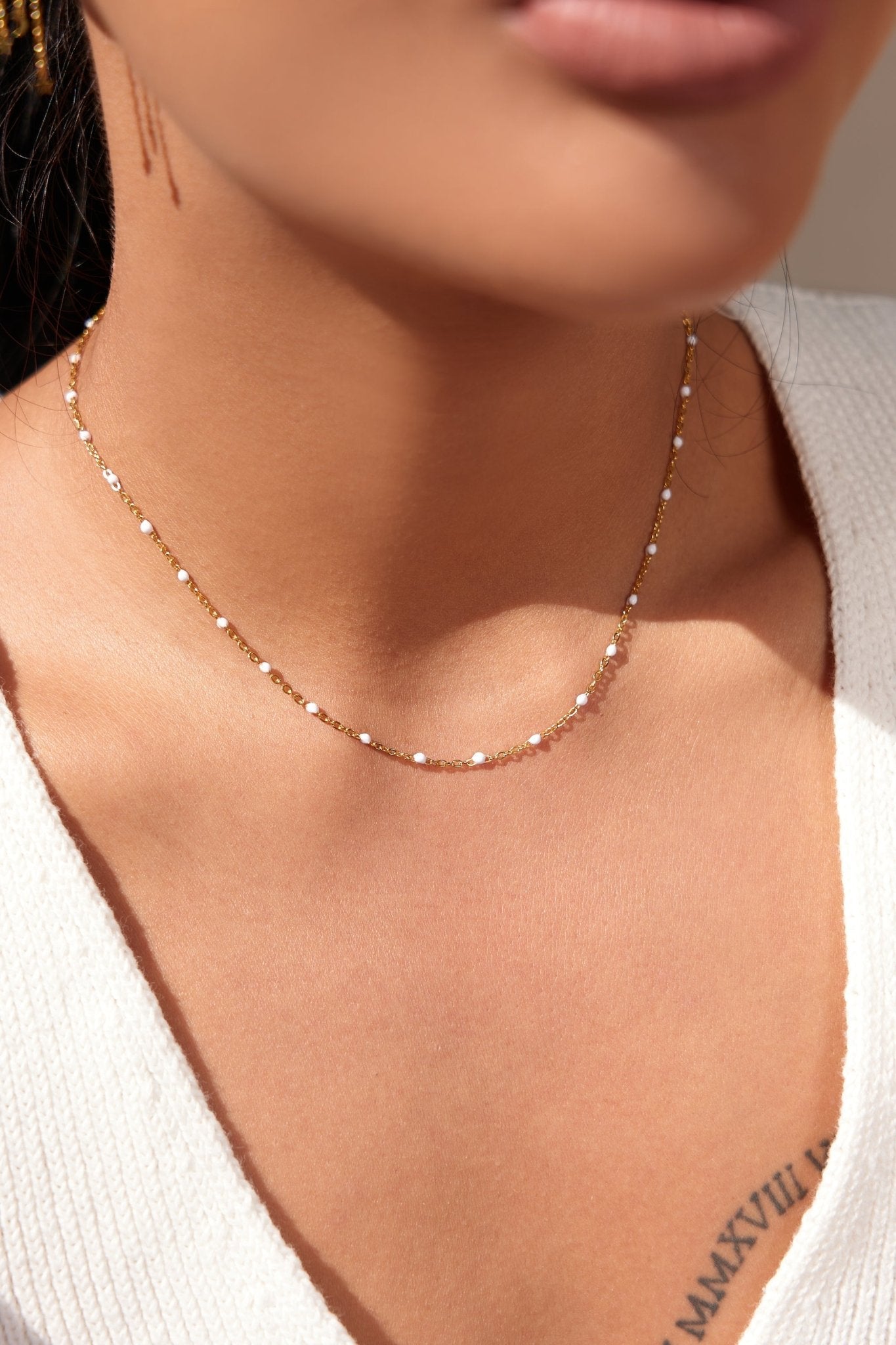 White Enamel Bead Necklace in Gold - Flaire & Co.