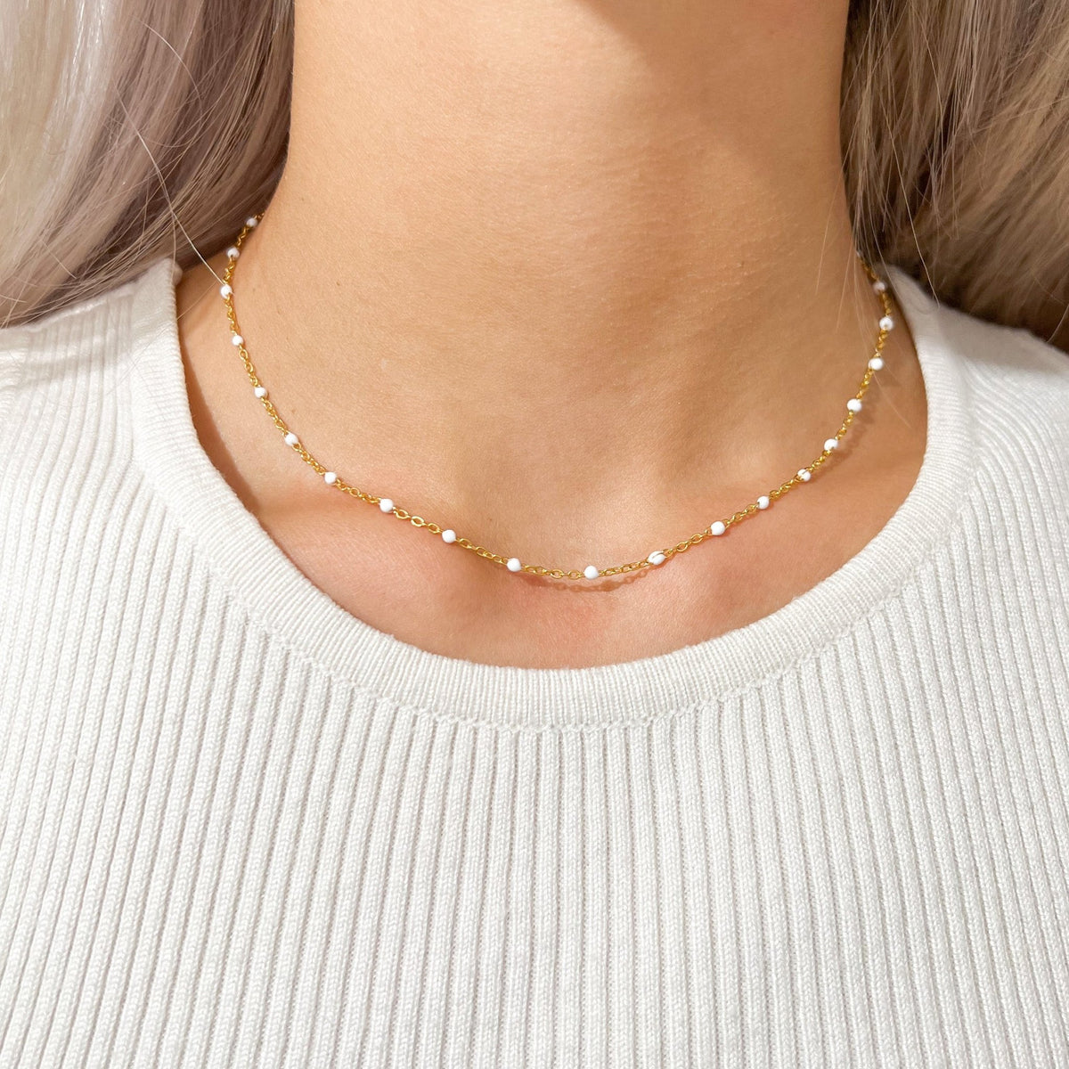 White Enamel Bead Necklace in Gold