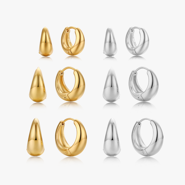 Mini Dome Huggies in yellow and white gold finishes, displayed in 3 rows showing front and side views, highlighting the teardrop shape and latch mechanism.
