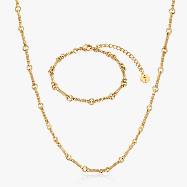 Twisted Chain Gold Bundle featuring a necklace and bracelet with twisted-wire segments and small links, 18K PVD gold-plated, tarnish-resistant, stainless steel, sold as a set.