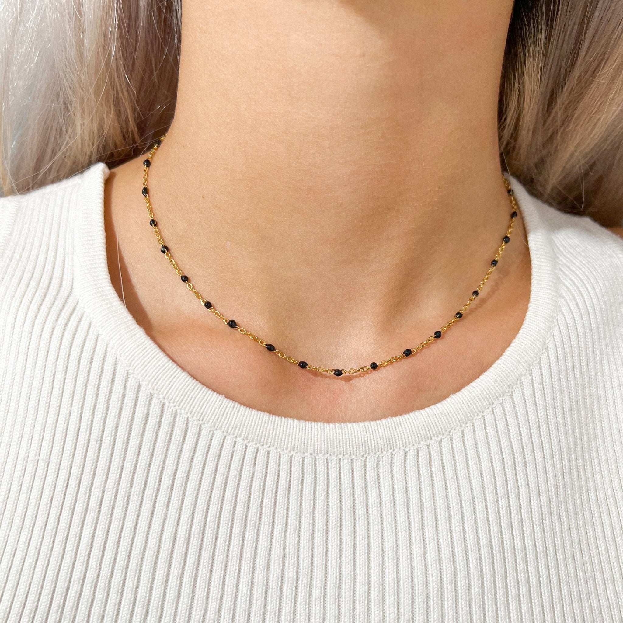 Black Enamel Bead Necklace in Gold - Flaire & Co.