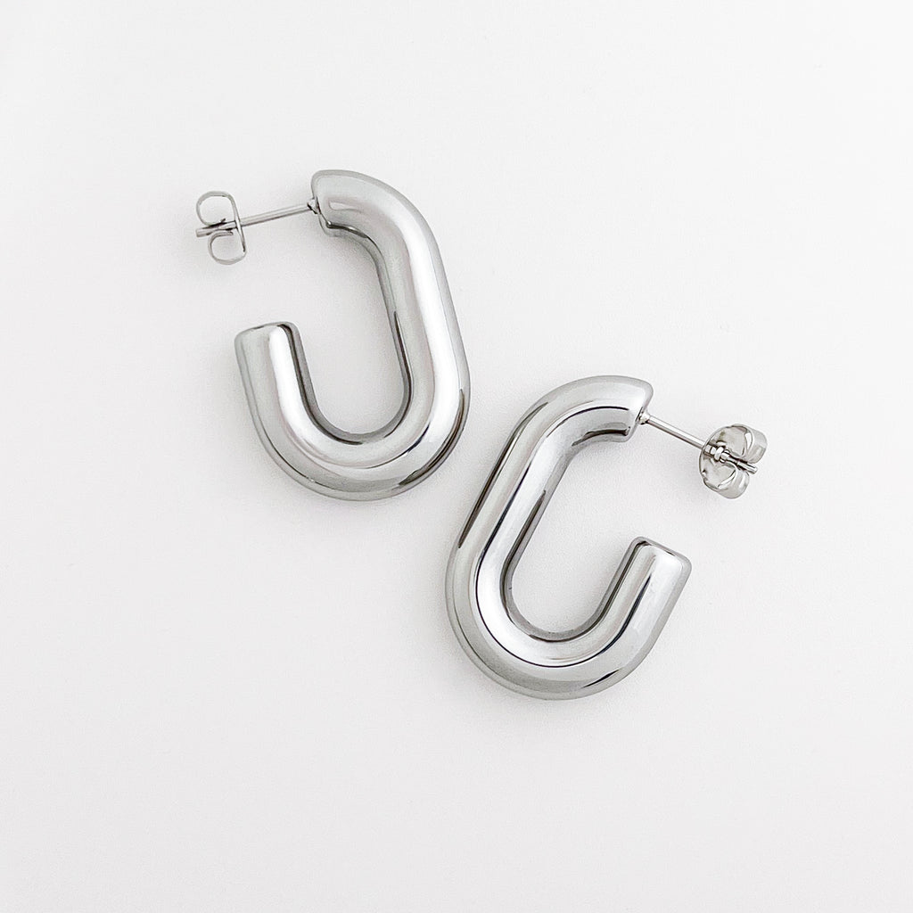 Chunky Oval Hollow Hoops in Silver