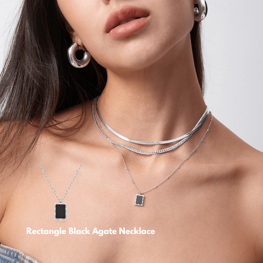 Rectangle Black Agate Pendant Necklace - Flaire & Co.