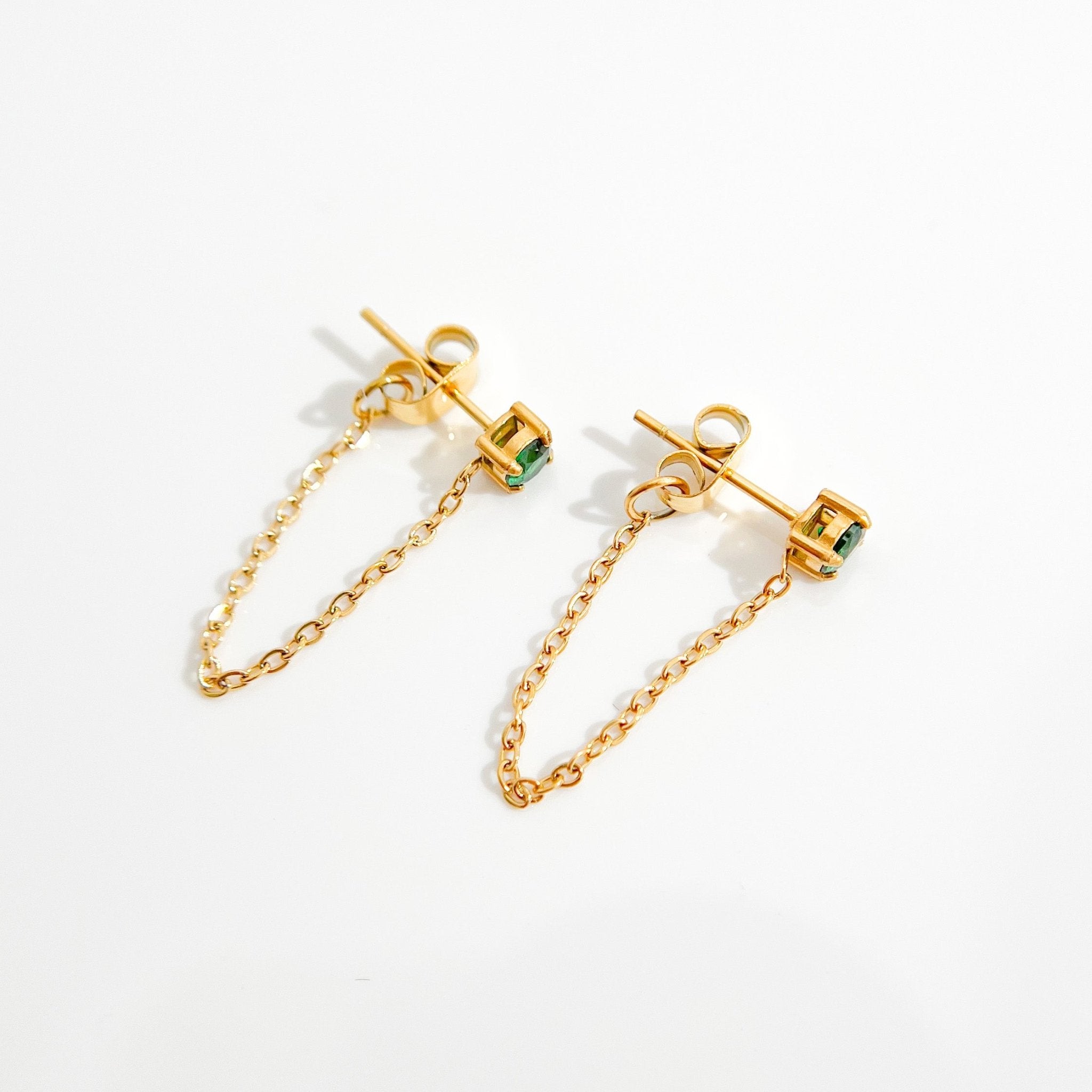 Single Green Gem Chain Gold Earrings - Flaire & Co.