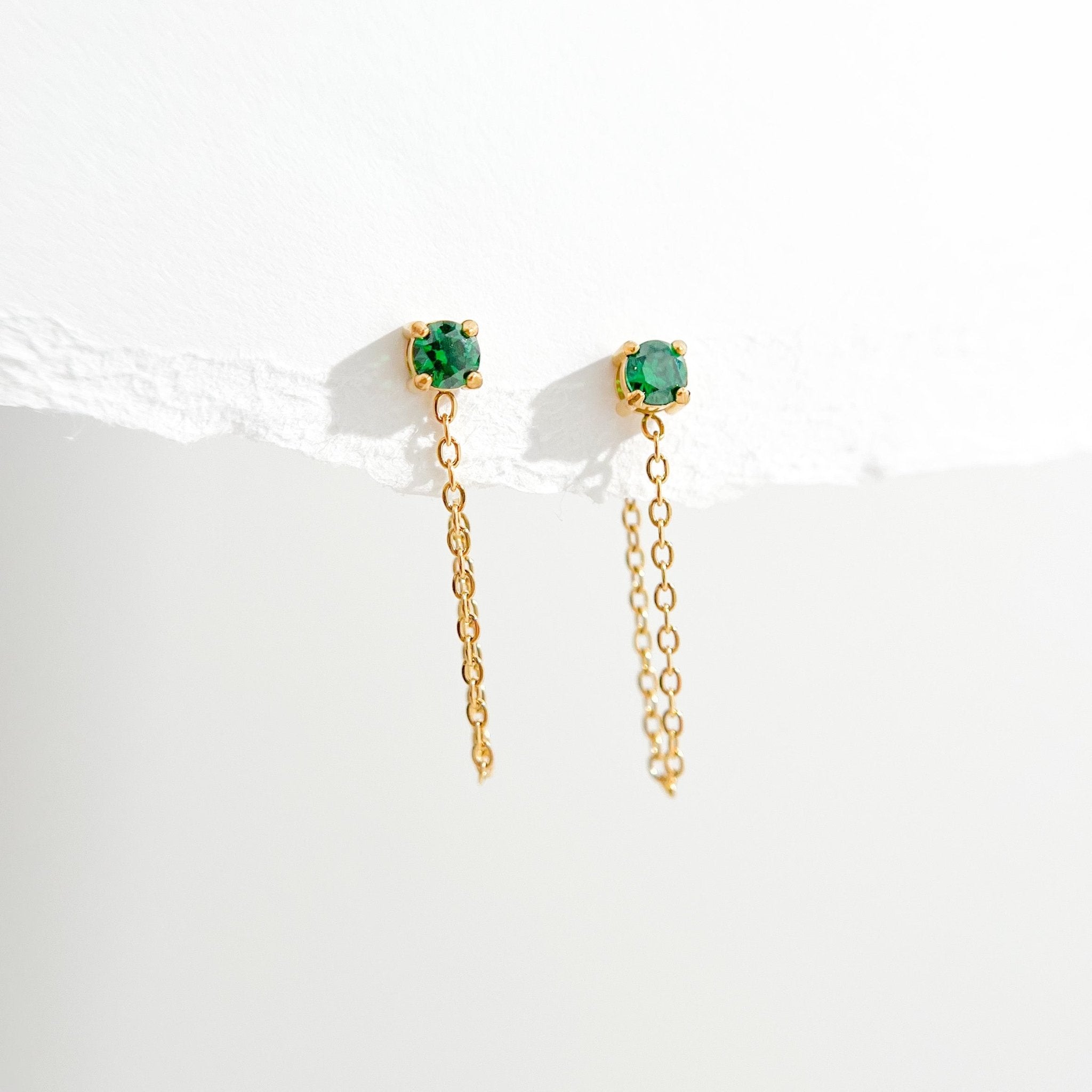 Single Green Gem Chain Gold Earrings - Flaire & Co.