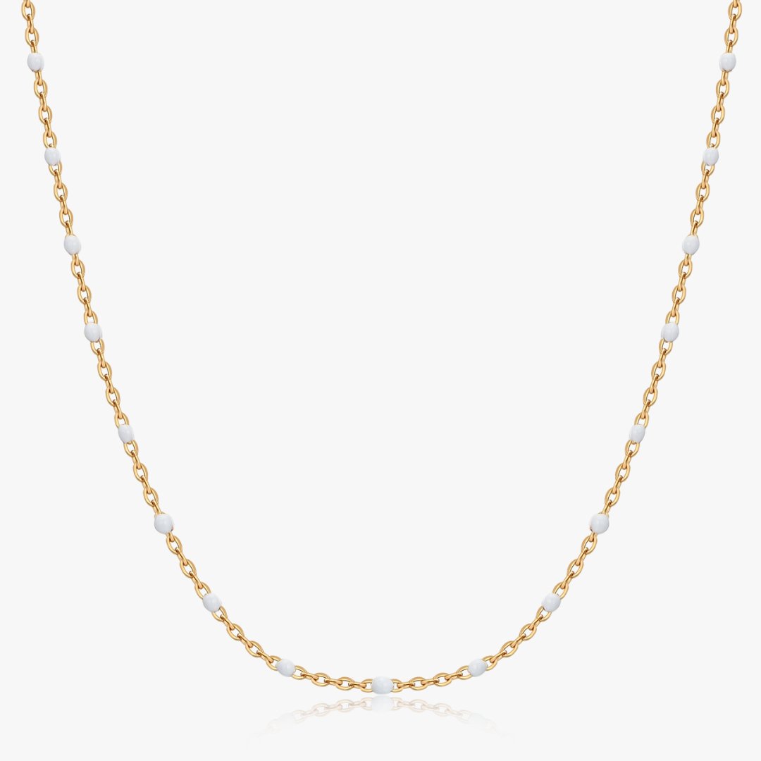 White Enamel Bead Necklace in Gold