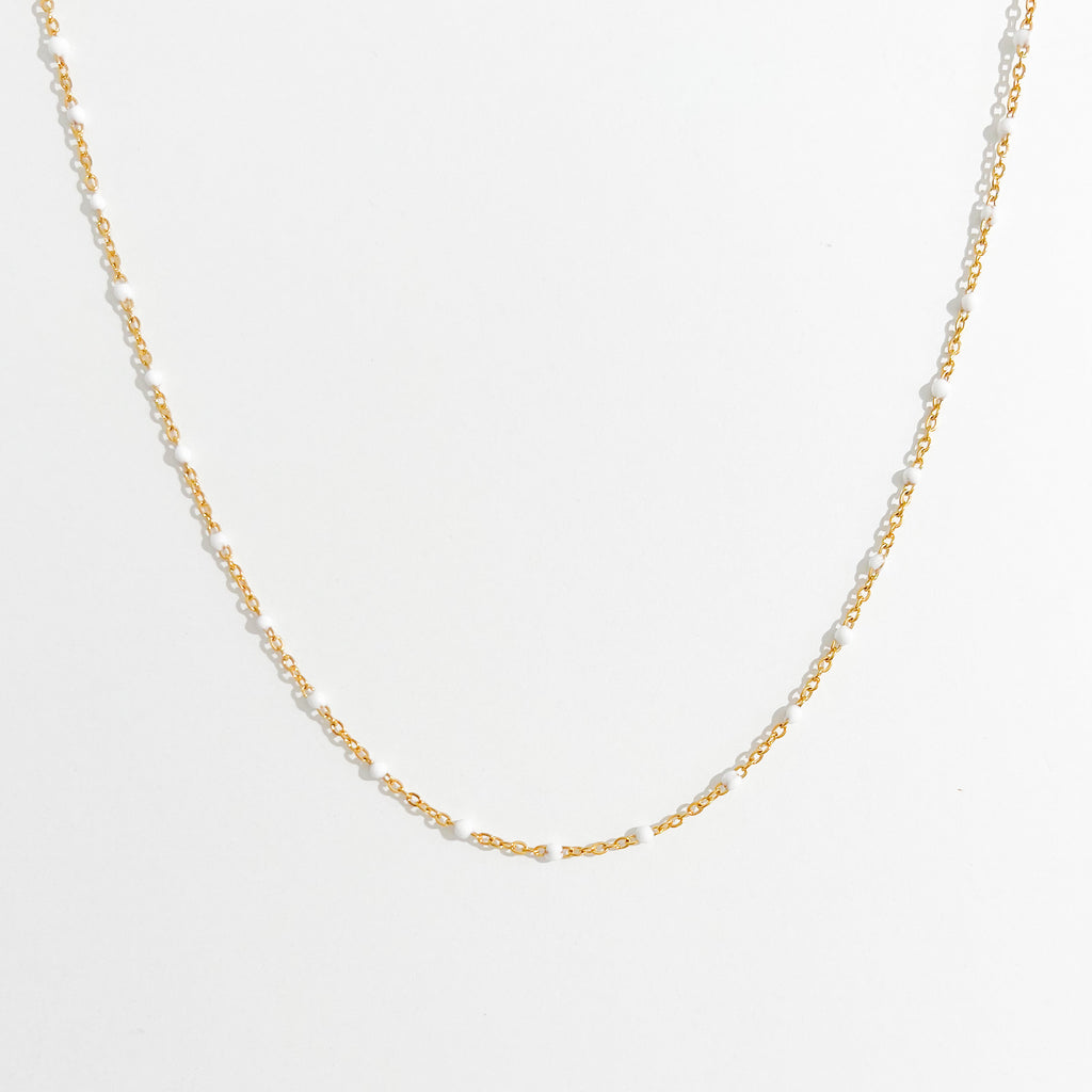 White Enamel Bead Necklace in Gold