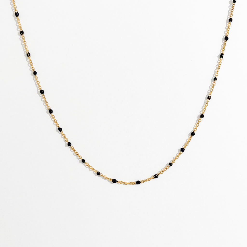 Black Enamel Bead Necklace in Gold