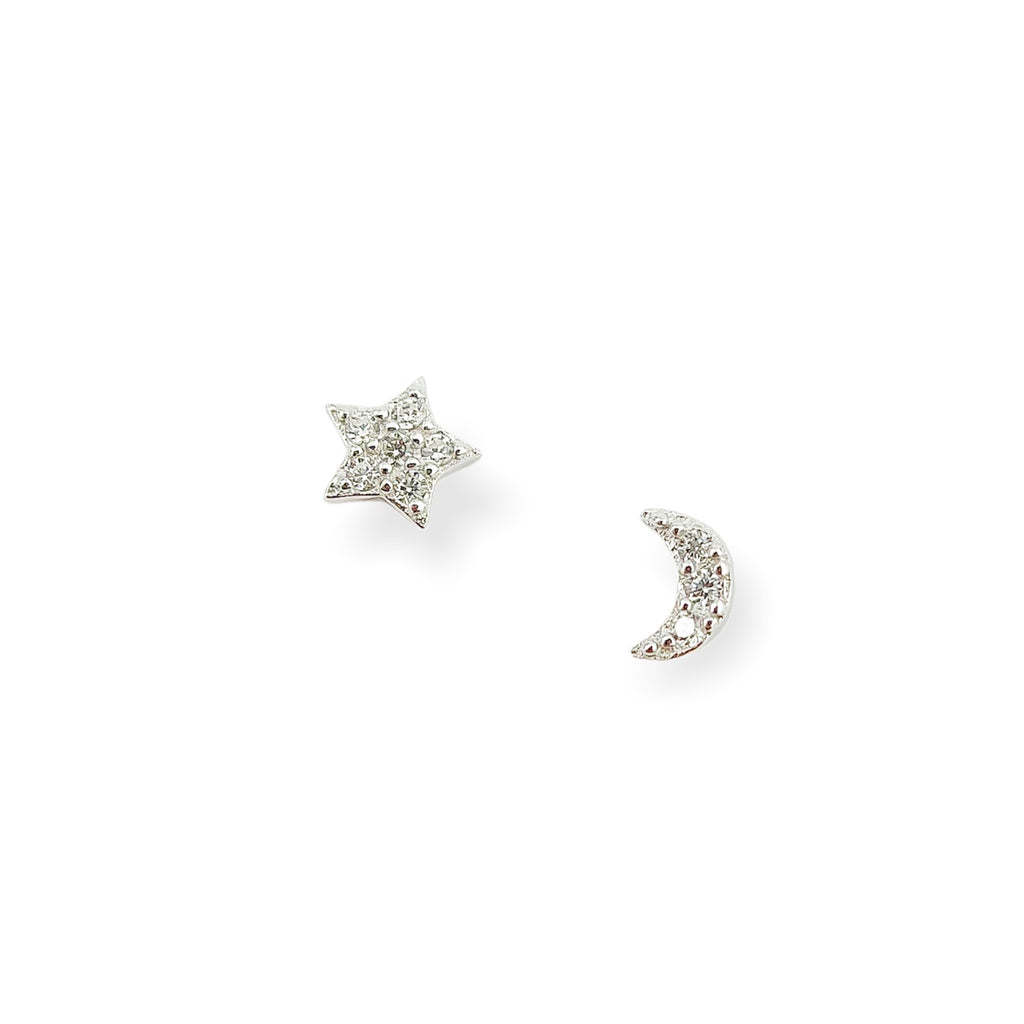 Crystal Moon + Star Sterling Studs in Silver
