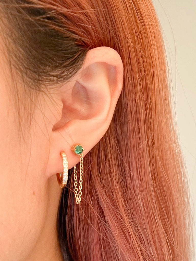 Single Green Gem Chain Gold Earrings